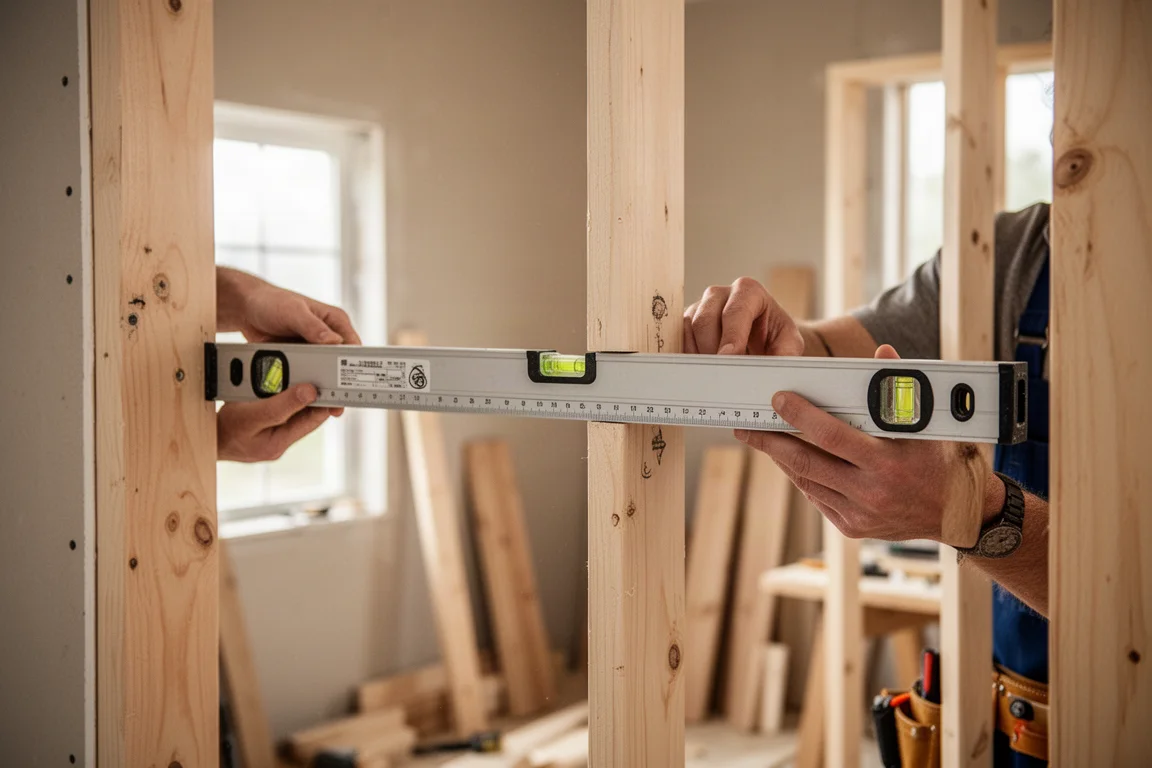 Person using a sliding level to check a framing gap on a construction site