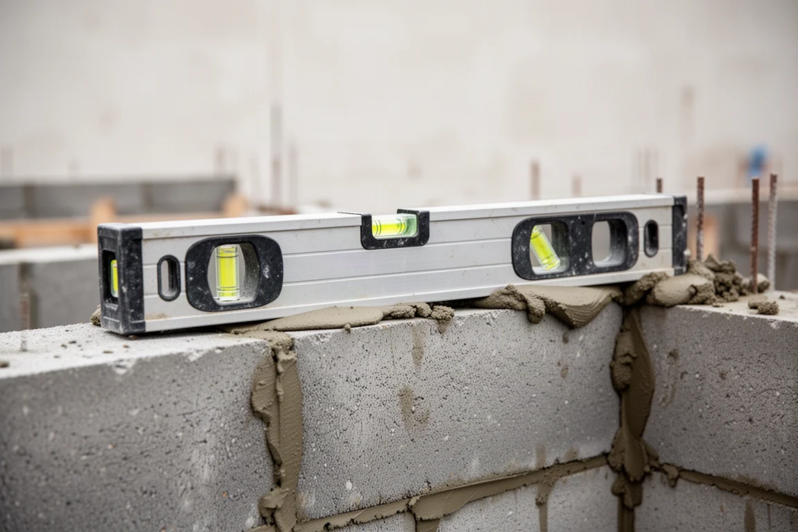 Heavy-duty masonry level laid along a fresh concrete block wall course