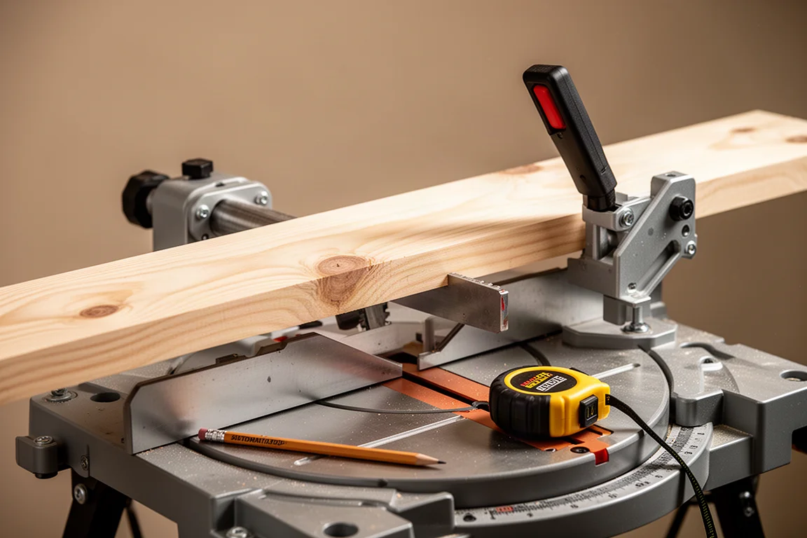 Tabla apoyada en un brazo de soporte con tope automático junto a una sierra de inglete