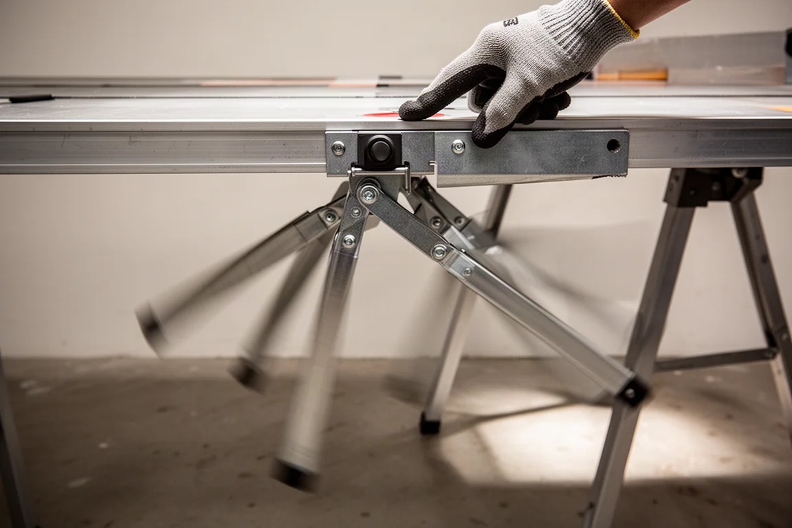 Folding sawhorse table legs deploying outward after the release button is pressed