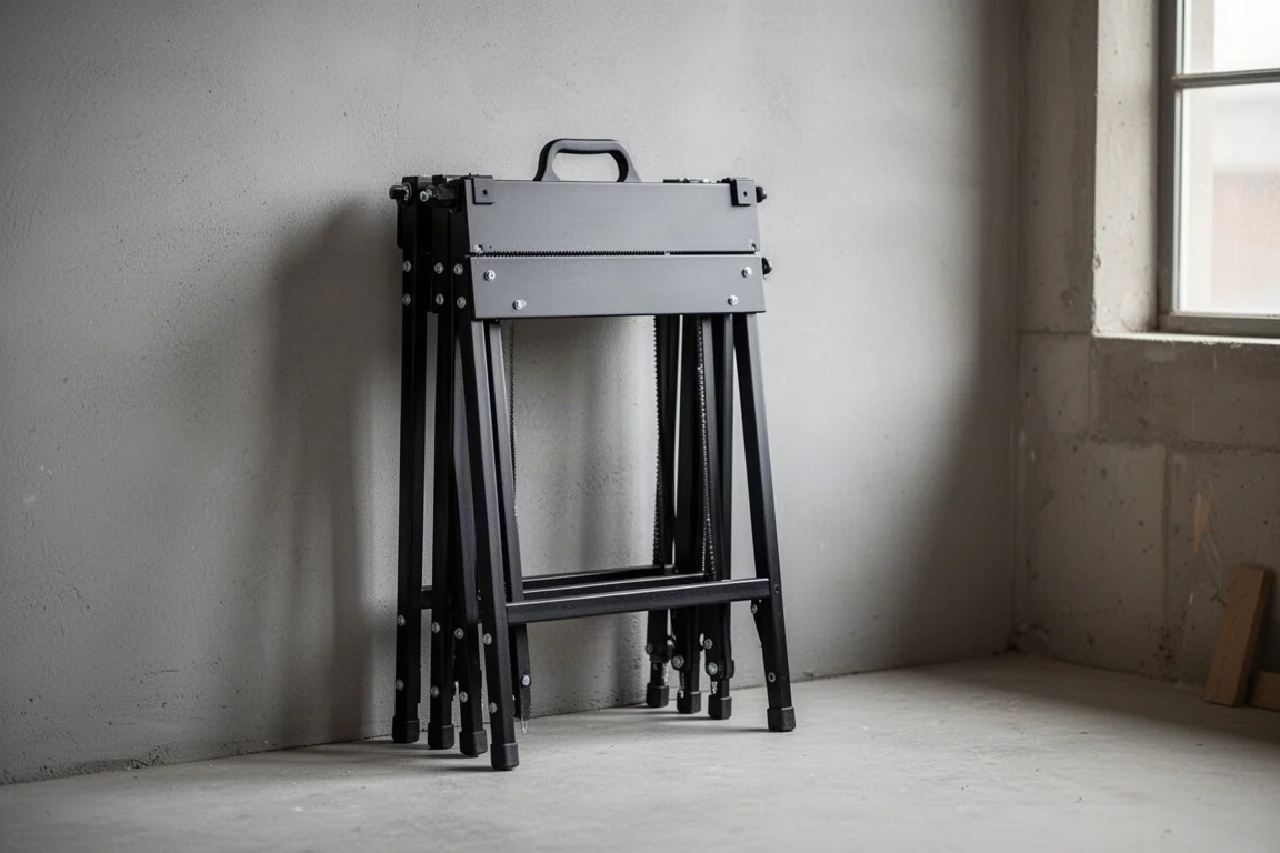 Compact folded sawhorse table standing upright against a workshop wall