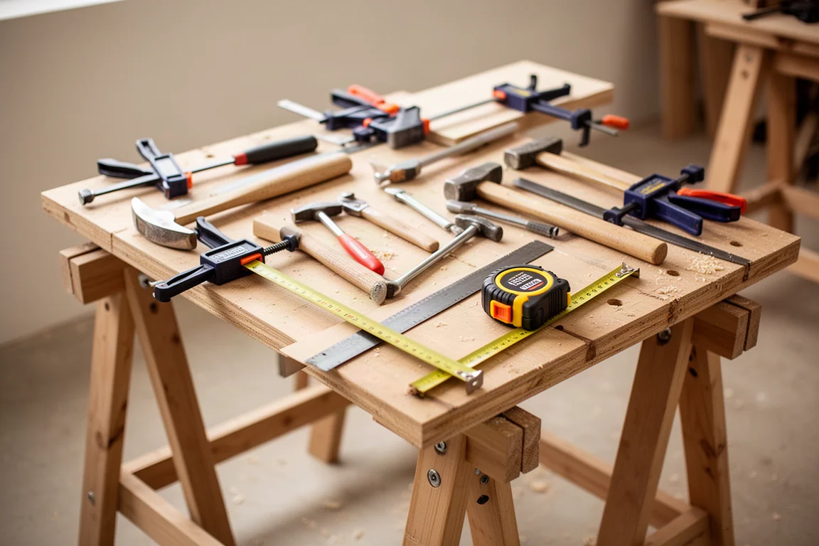 Work table topped with tools and clamps in a workshop setting