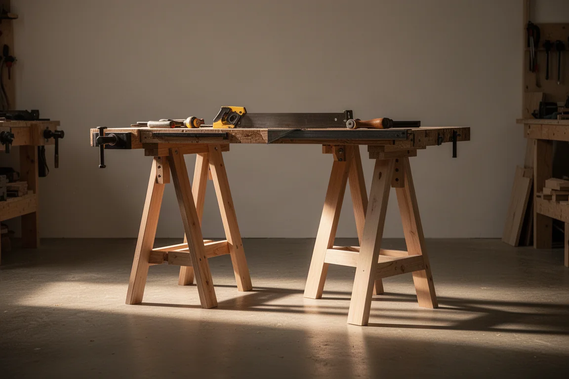Workshop scene with sawhorse table set up under warm evening light