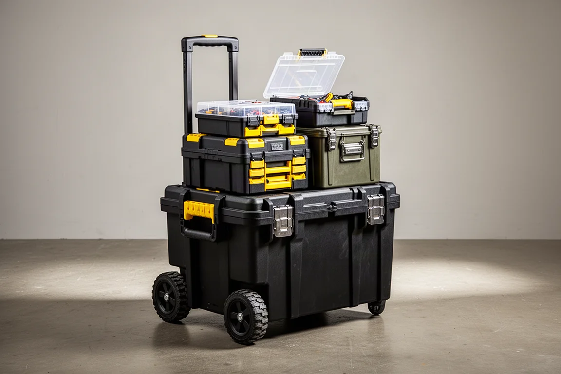 Stacked modular tool boxes with rolling base and telescopic handle on concrete floor