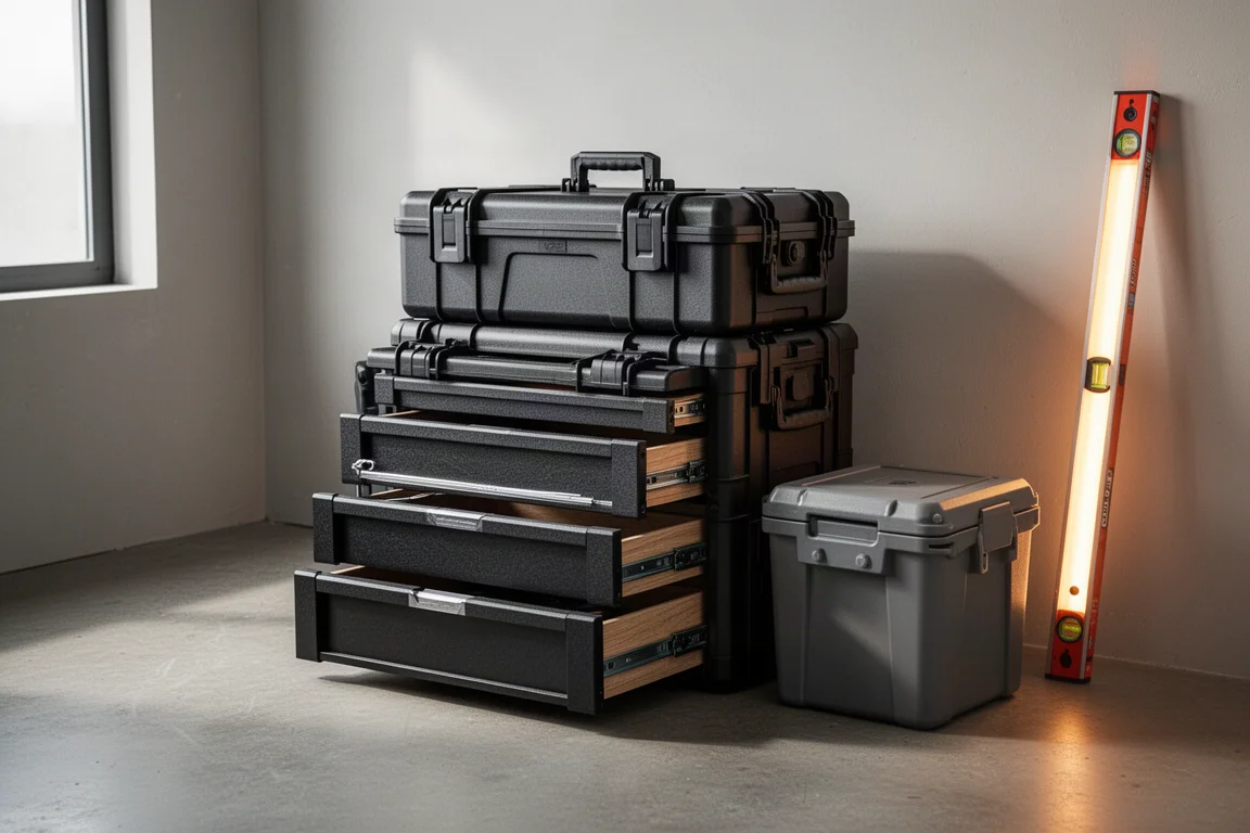 Modular tool storage stack with drawers, cooler, and level on a workshop floor
