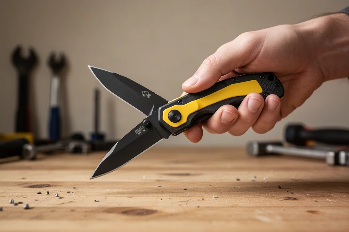 Utility knife blade flipped open with one hand above a workbench