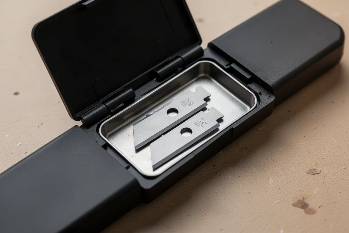 Open blade compartment showing two spare blades held by a magnet