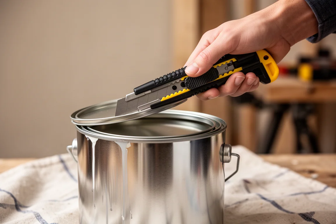 Utility knife being used to pry open a paint can lid