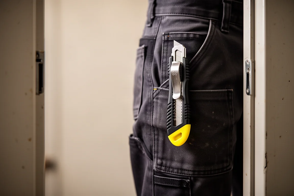 Yellow-tipped utility knife clipped to a work pant pocket