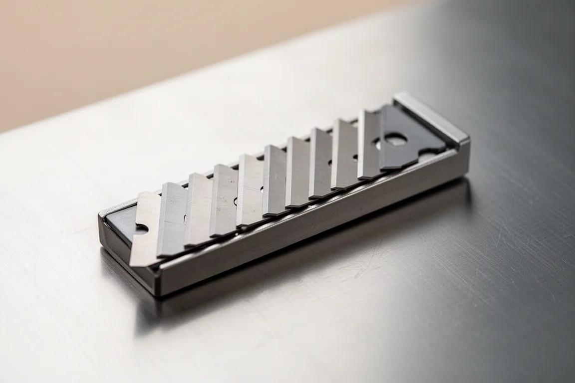 Klingenmagazin mit Universalklingen, an einem Magnetstreifen gehalten