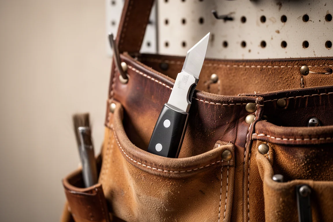 Klappbares Universalmesser in der Tasche eines Werkzeuggürtels verstaut