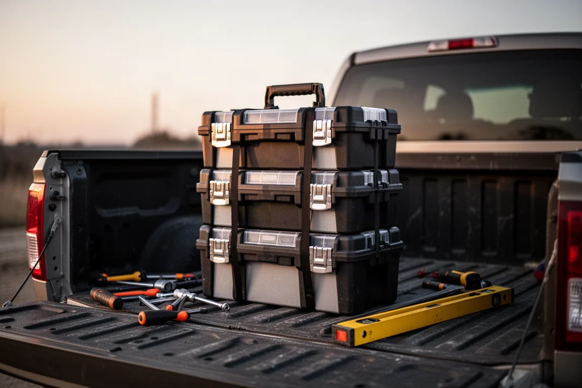 Modulare Werkzeugboxen, gestapelt auf einem Rollwagen in einer Ladefläche in der Abenddämmerung
