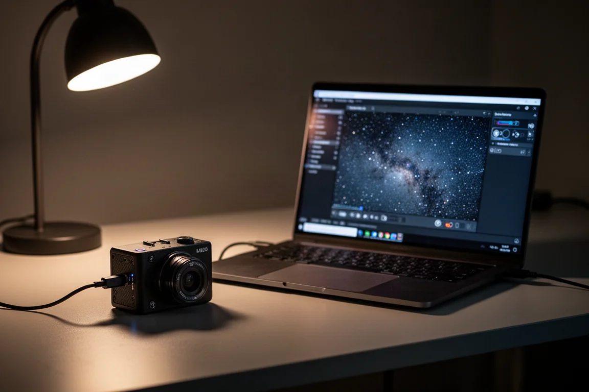 Astrofotografie-Kamera, die über ein USB-C-Kabel mit einem Laptop auf einem Schreibtisch bei Nacht verbunden ist