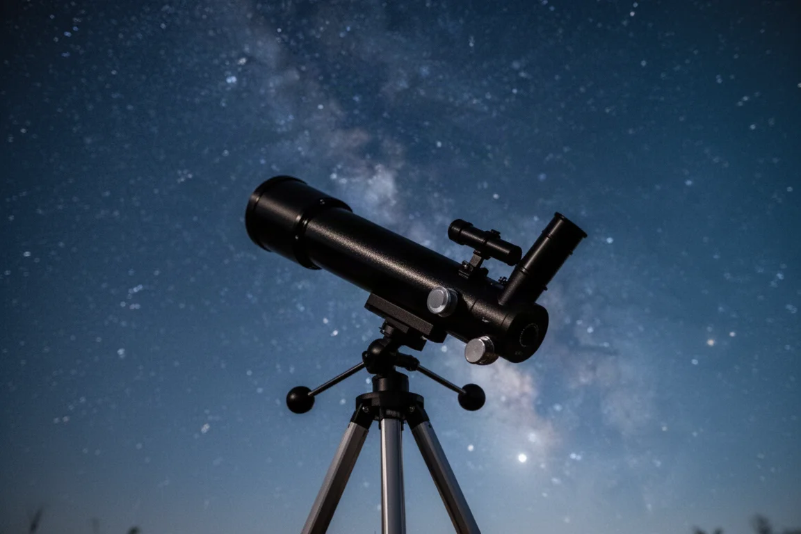 一台緊湊型折射望遠鏡安裝在三腳架上，背景是滿天星斗的夜空