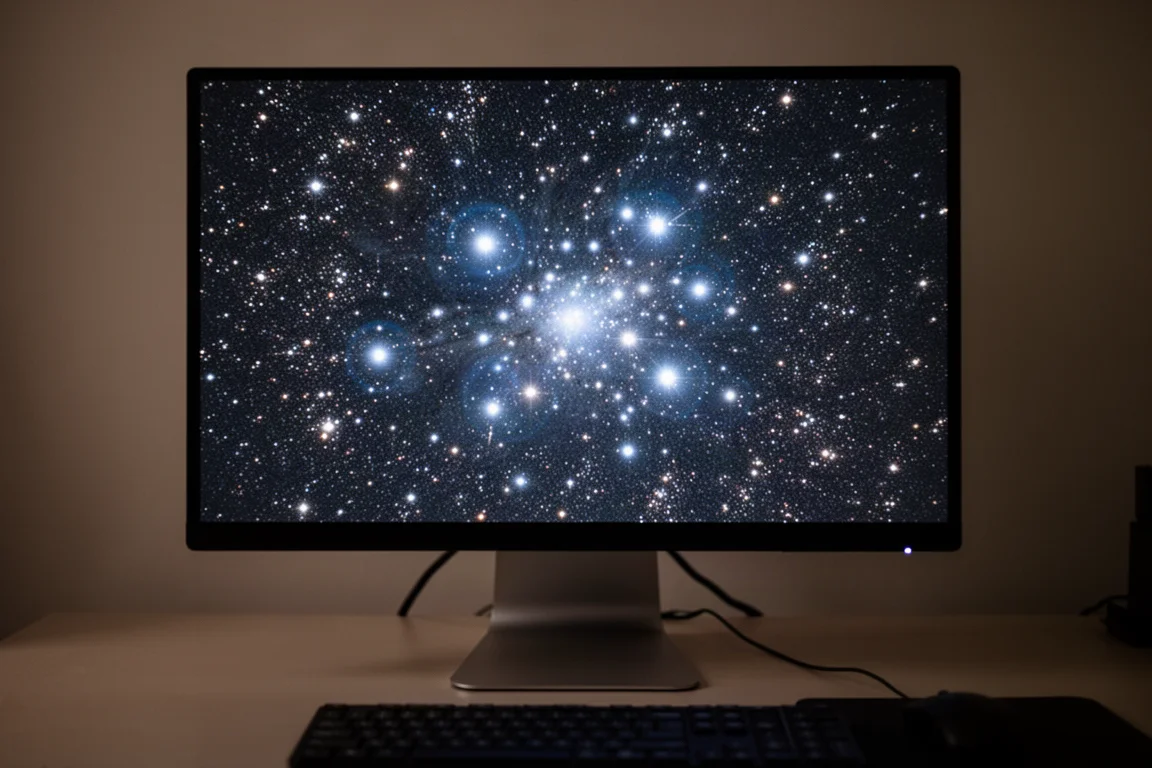 昴宿星團的天文攝影影像，亮星周圍可見藍色光暈