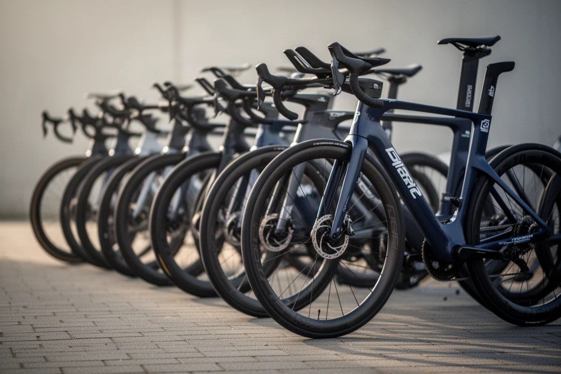 Row of professional race bicycles lined up on paved ground in early morning light