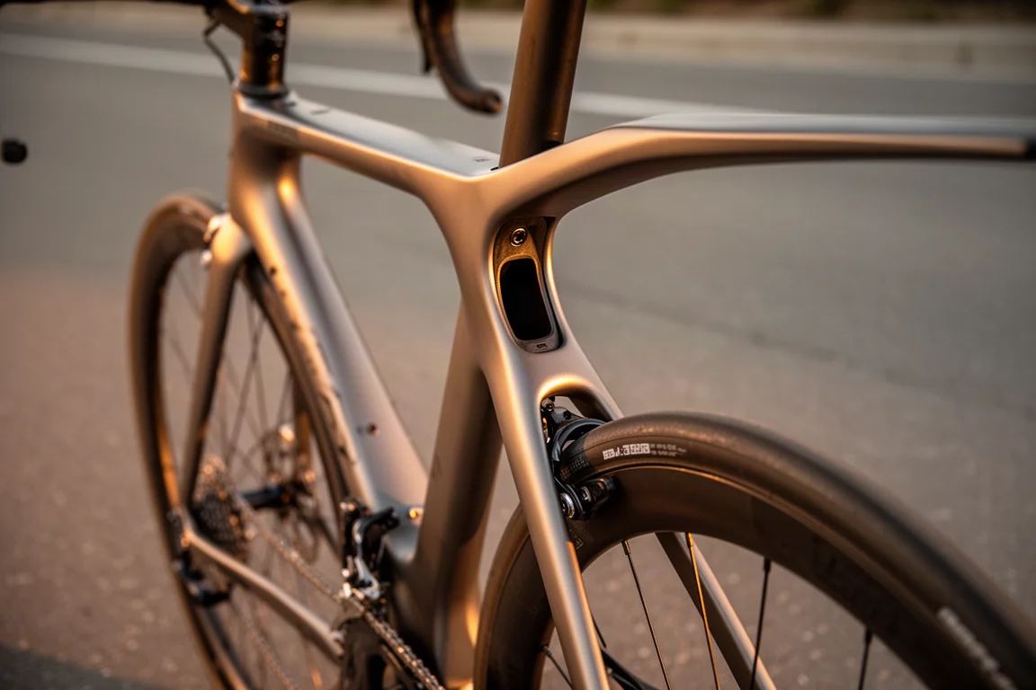 Rear detail of an aero road bicycle showing an opening cut through the frame above the seat stays