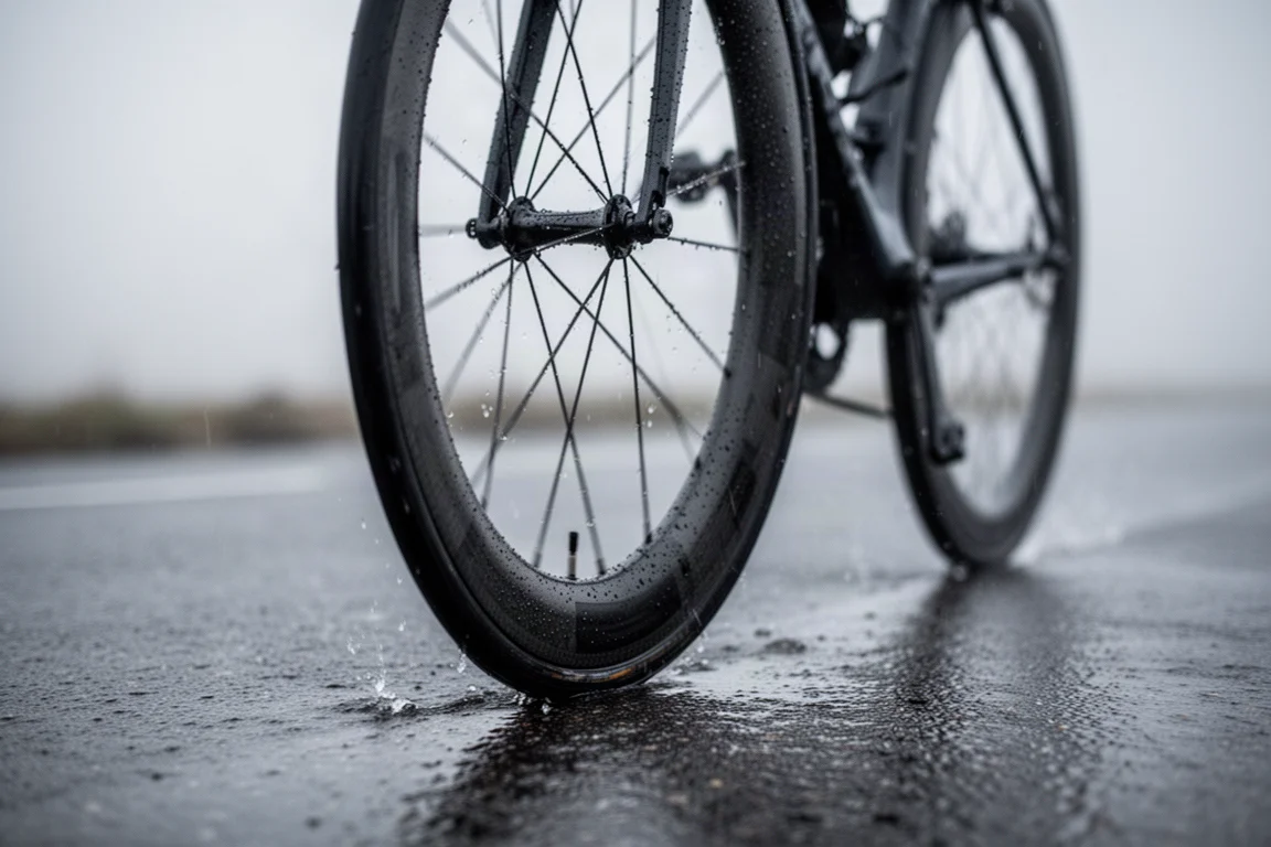 Deep-section carbon road wheels rolling on wet grey tarmac at dawn