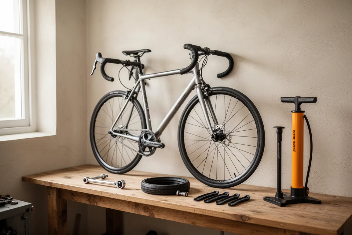 Road bicycle leaning against a pale wall in a bright home workshop with tools on a bench