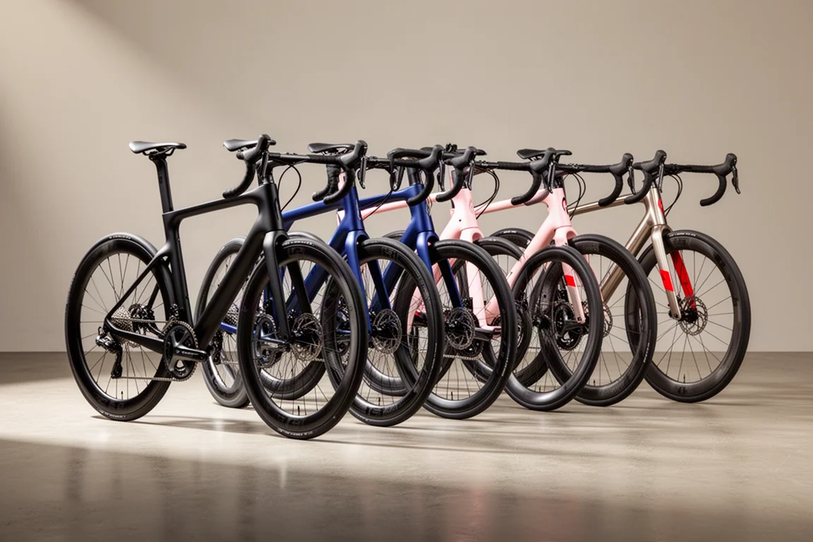 Cinque moderne bici da strada aero allineate in fila su una superficie di cemento opaco