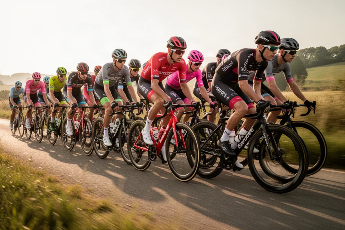Peloton professioneller Radfahrer in bunten Teamtrikots auf einer sonnigen Landstraße
