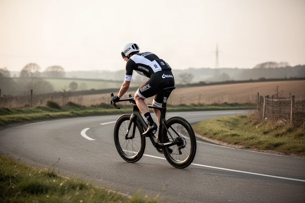 Fahrer in einem schwarz-weißen Teamtrikot auf einem Aero-Rennrad in ruhiger Landschaft