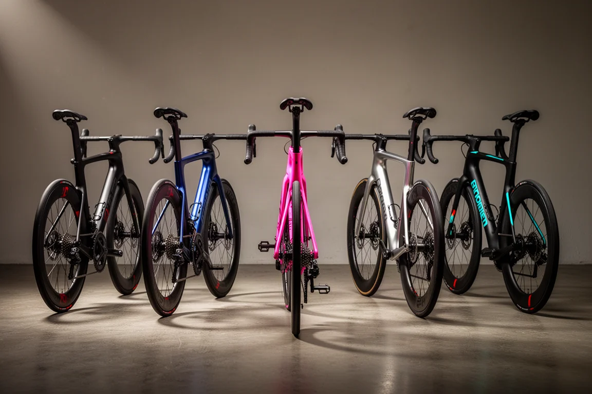 Row of professional aero road bikes including a pink model in a modern studio
