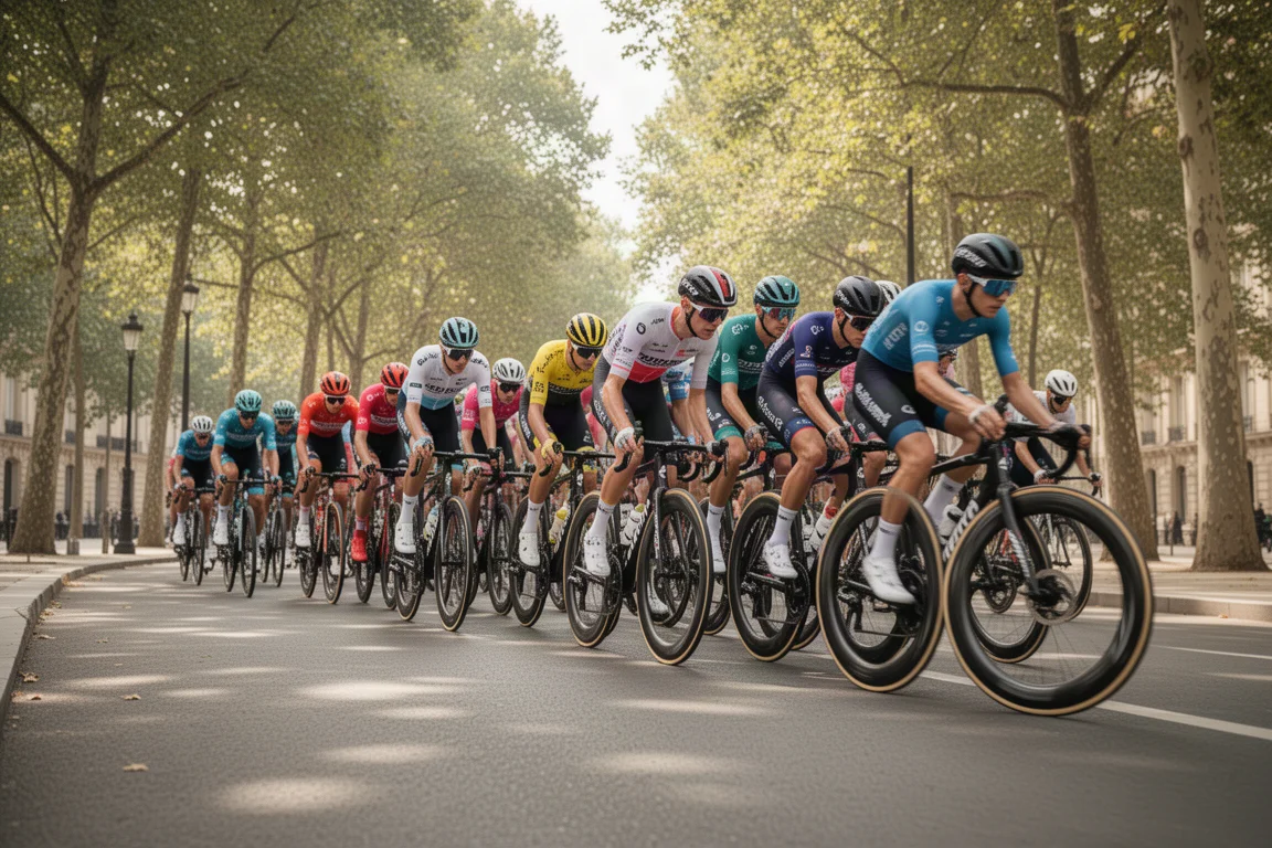 Peloton of cyclists riding along a tree-lined boulevard in summer light