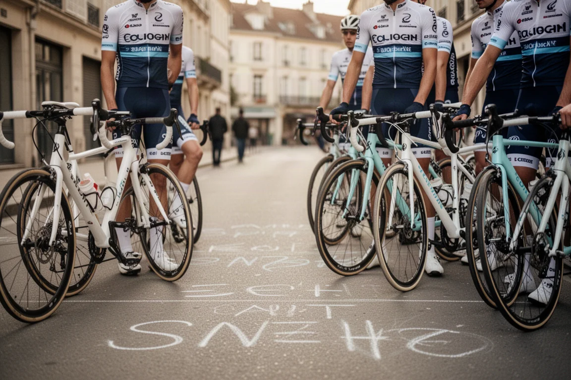Riders in team kit waiting at a race start with road bikes lined up