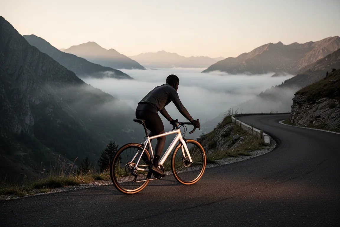 Cyclist climbing a mountain switchback at dawn with mist in the valley