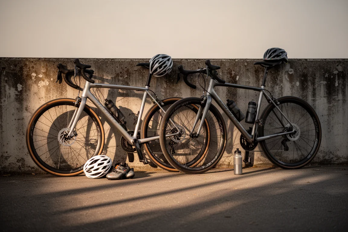 Two road bikes leaning against a concrete wall with helmet and shoes