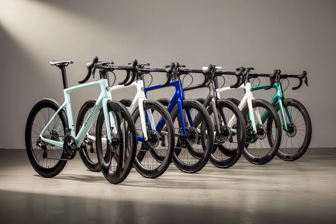Fila di bici da corsa professionali con finiture diverse su una superficie di cemento