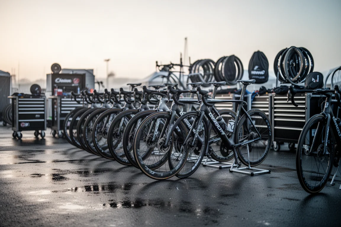 Reihen von Profi-Rennrädern im Team-Paddock bei Sonnenaufgang