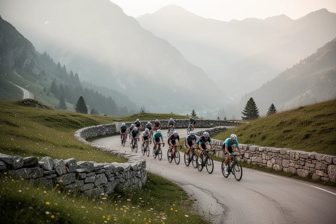 Gruppe von Radfahrern beim Anstieg über einen Serpentinenpass im weichen Dunst