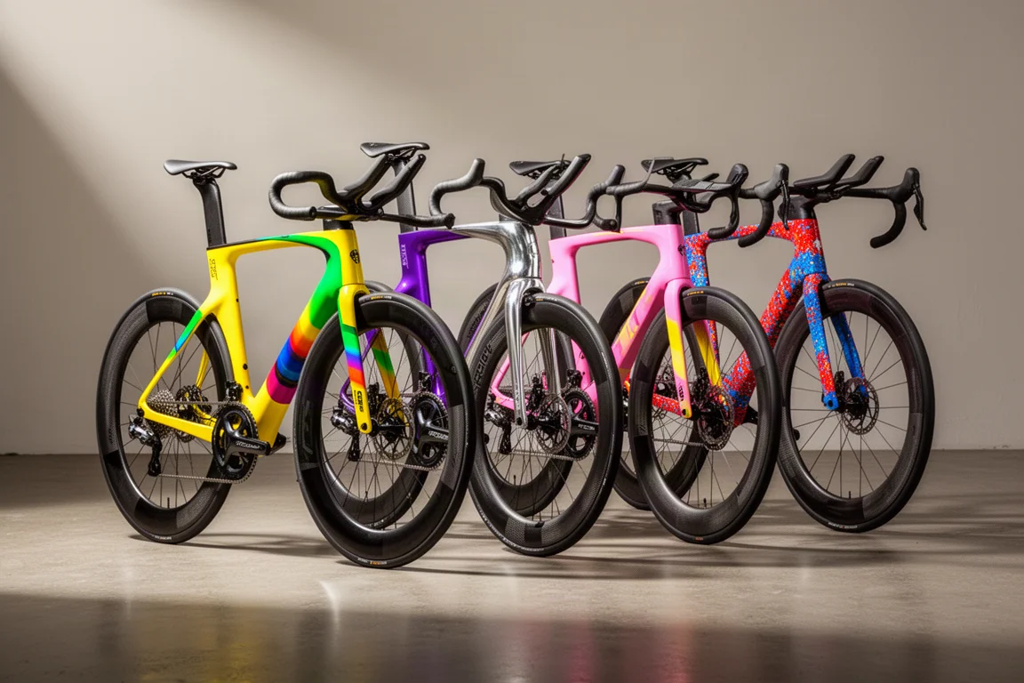 Vijf aero racefietsen op een rij op een betonnen vloer in een studio-opstelling