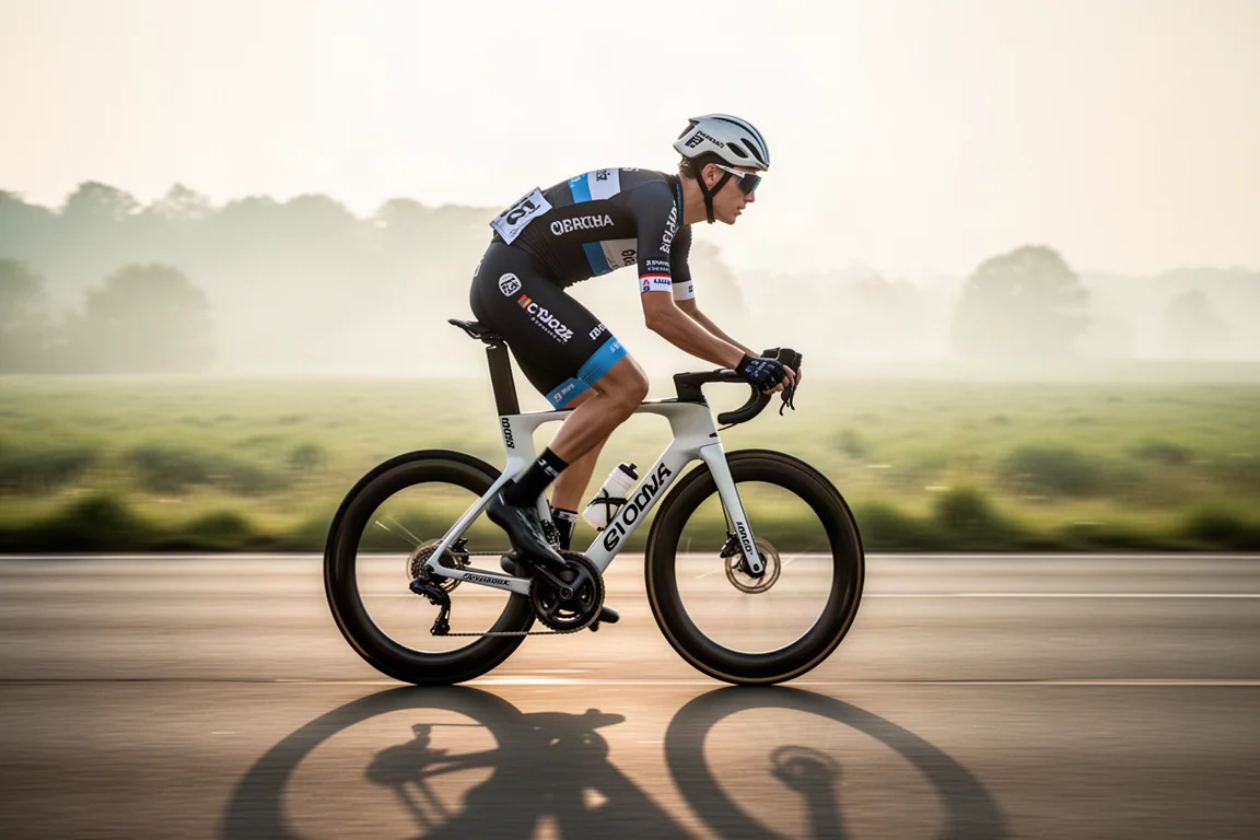 Proffscyklist som cyklar på en modern aerodynamisk landsvägscykel på öppen väg i mjukt ljus