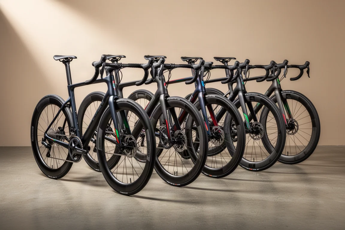 Cinque bici da strada aero di livello professionistico allineate su una superficie in cemento opaco in luce soffusa