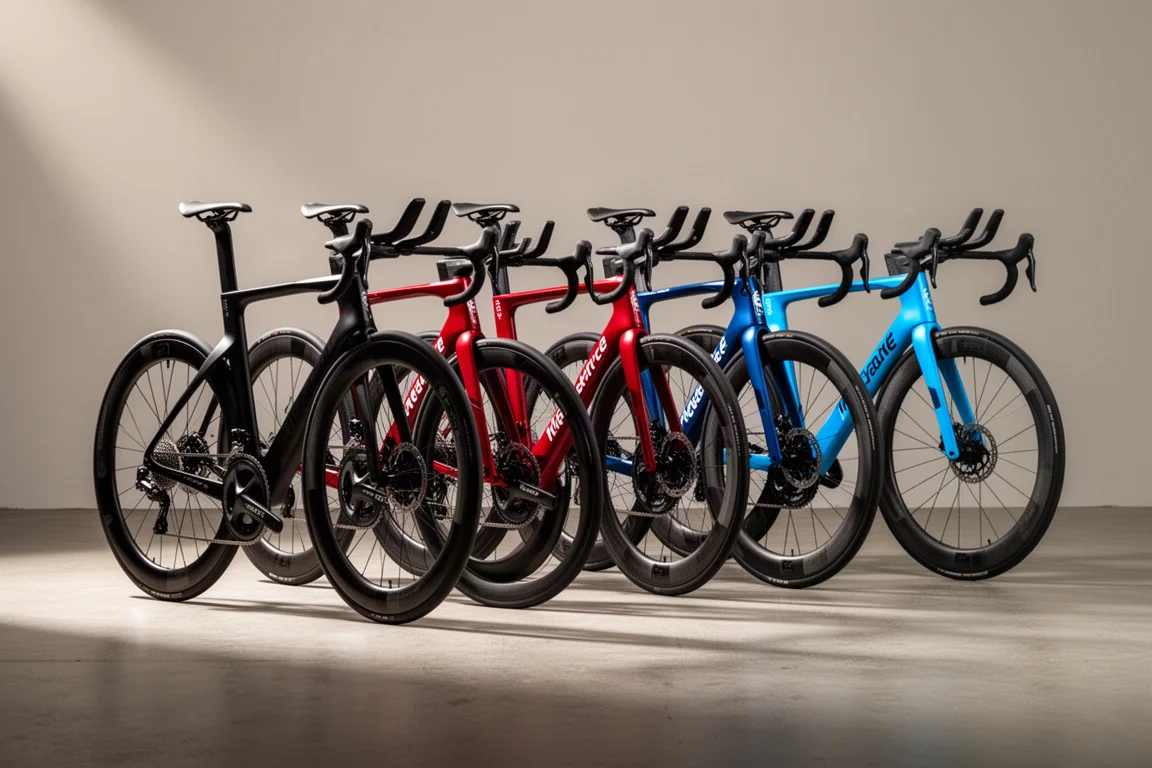 Three aero road racing bikes in turquoise, black and purple on a concrete surface