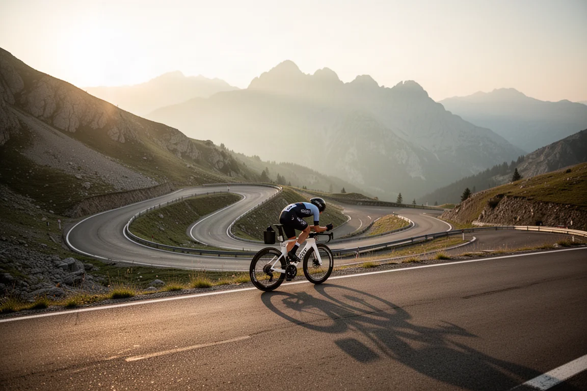 Rennradfahrer erklimmt bei Sonnenaufgang einen Bergpass auf einem Aero-Rennrad