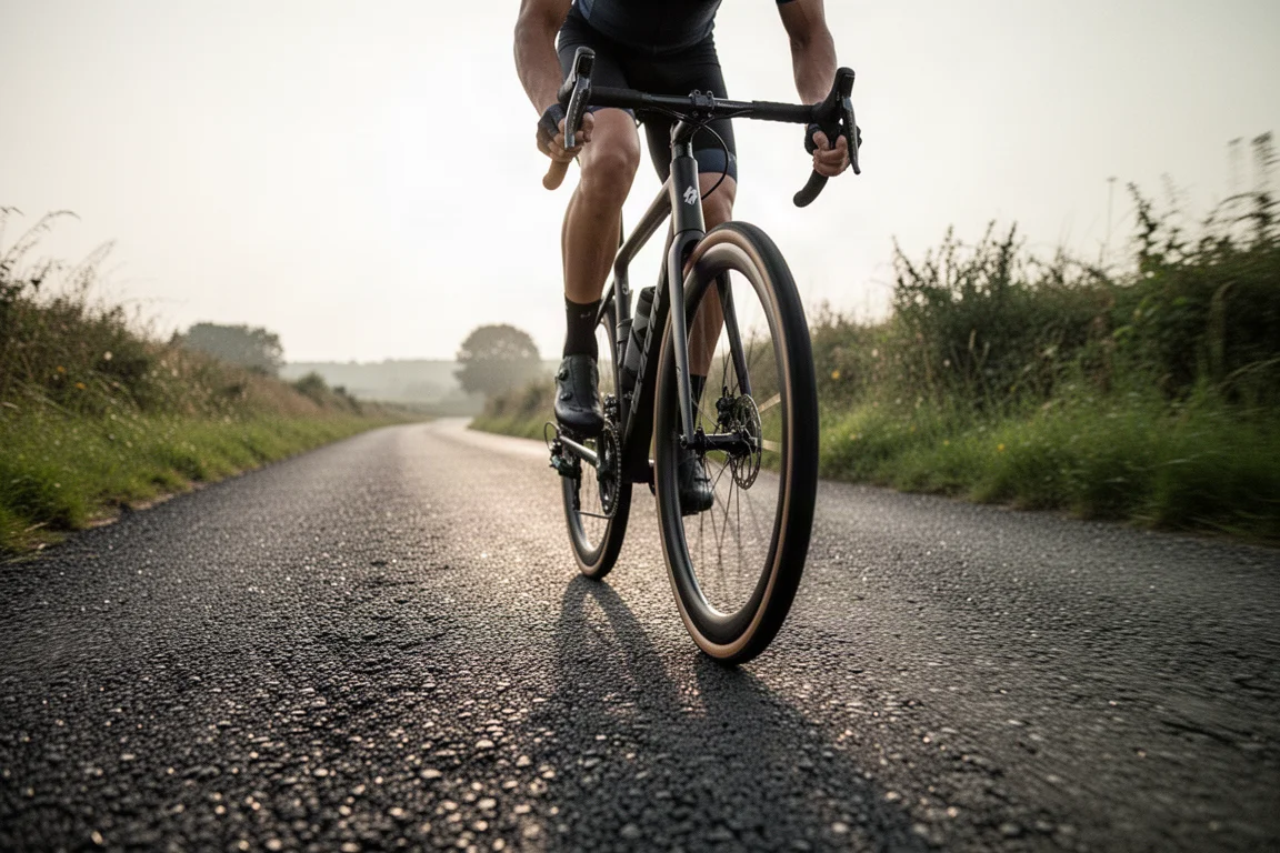 Cycliste sur route roulant sur un chemin de campagne rugueux avec des pneus route larges dans la lumière déclinante du soir