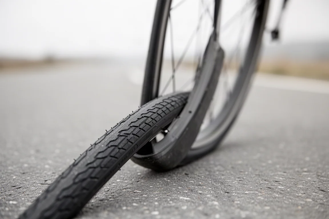 Gros plan d'un pneu route tubulaire étroit monté sur une jante basse sur un asphalte lisse