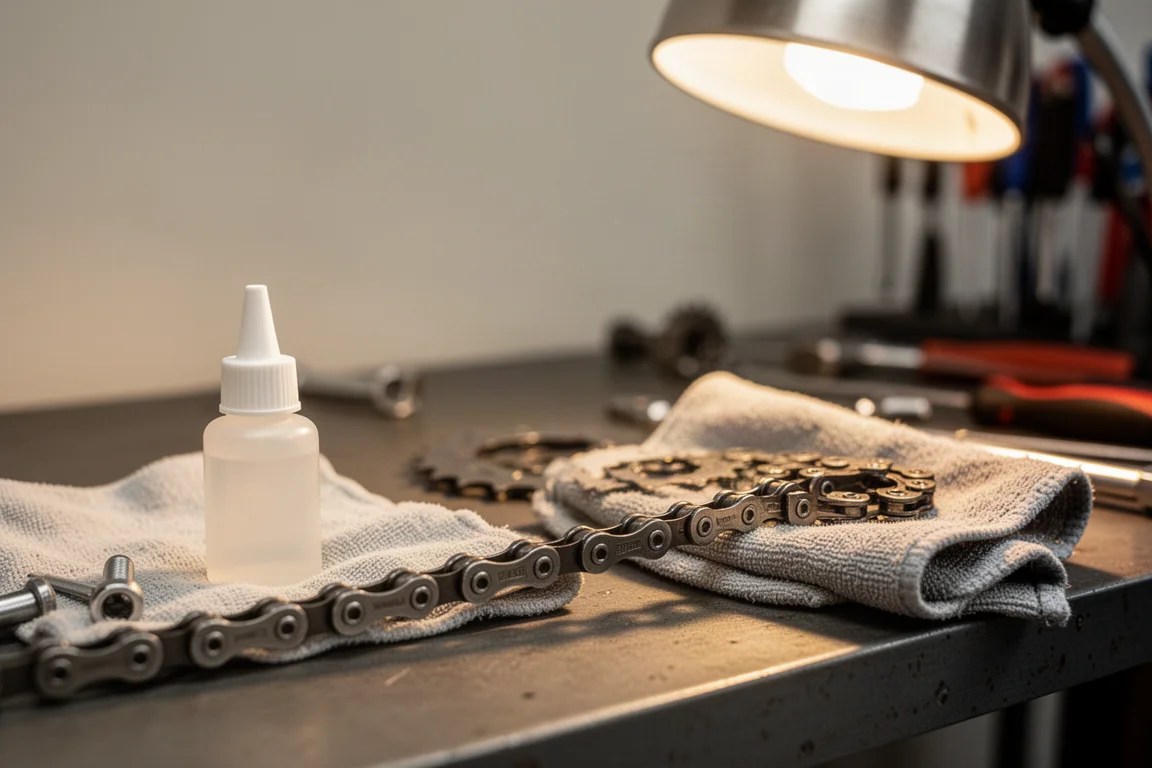 Chaîne de vélo et flacon de lubrifiant à la cire sur un établi d'atelier sous une lampe de travail