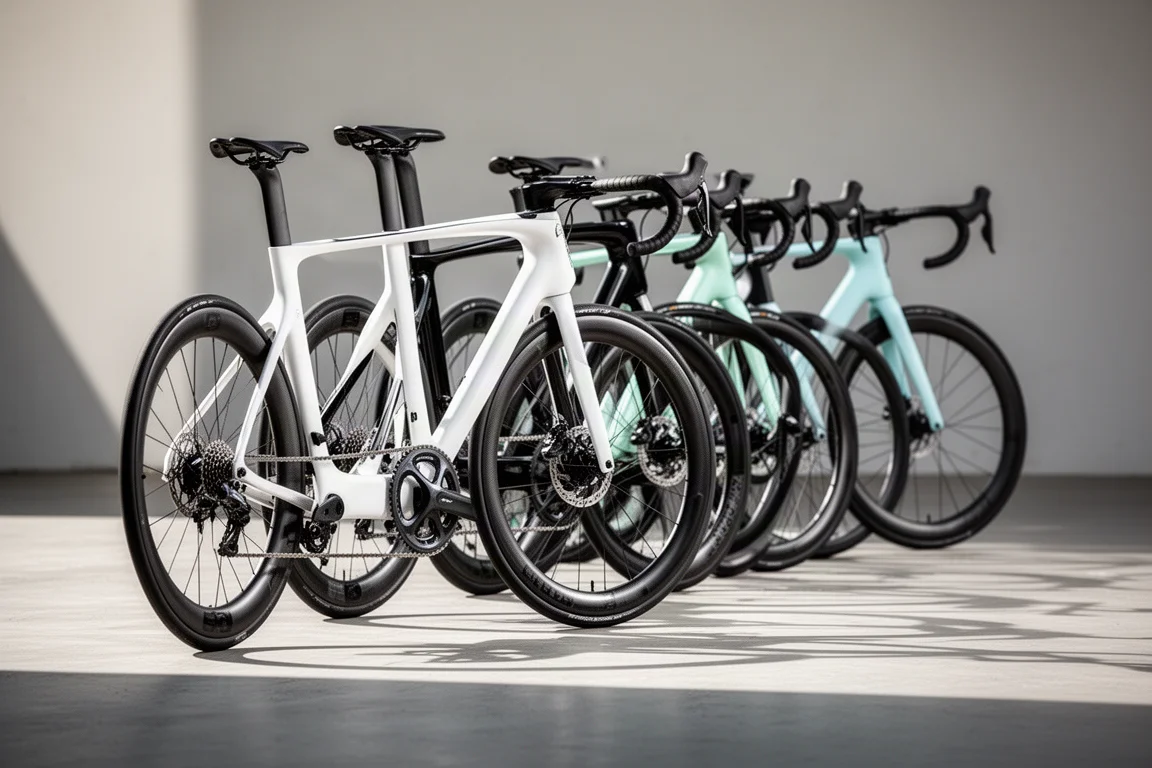 Rij moderne aero racefietsen op een matte betonvloer