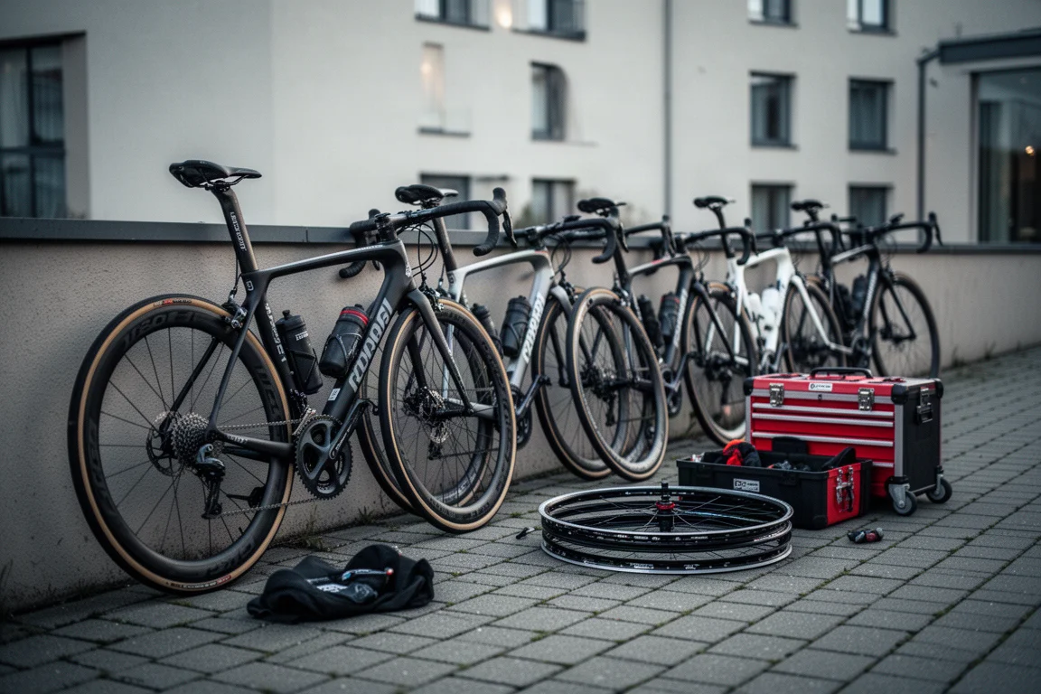 Professional racing bicycles lined up outside a team hotel in early morning light