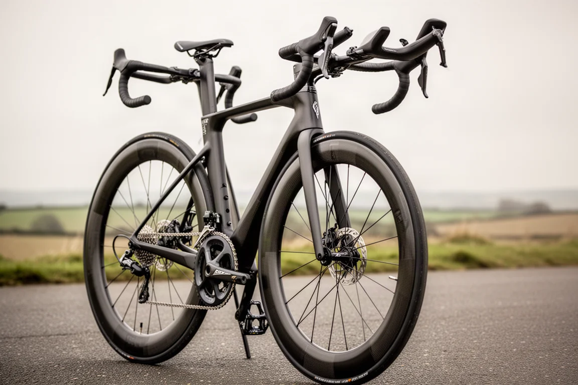 Close-up of a deep-section carbon road wheel and aggressive handlebar setup on a race bike
