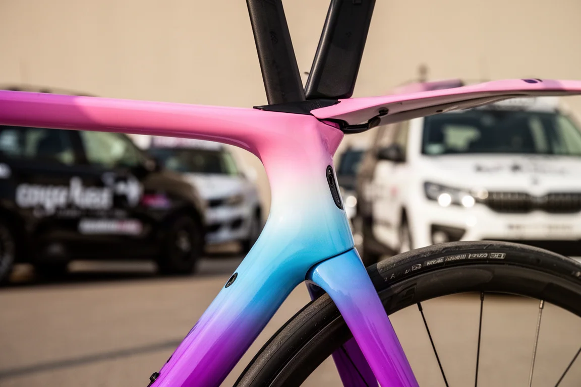 Detail of a brightly painted aero road bike frame with a pink to purple fade