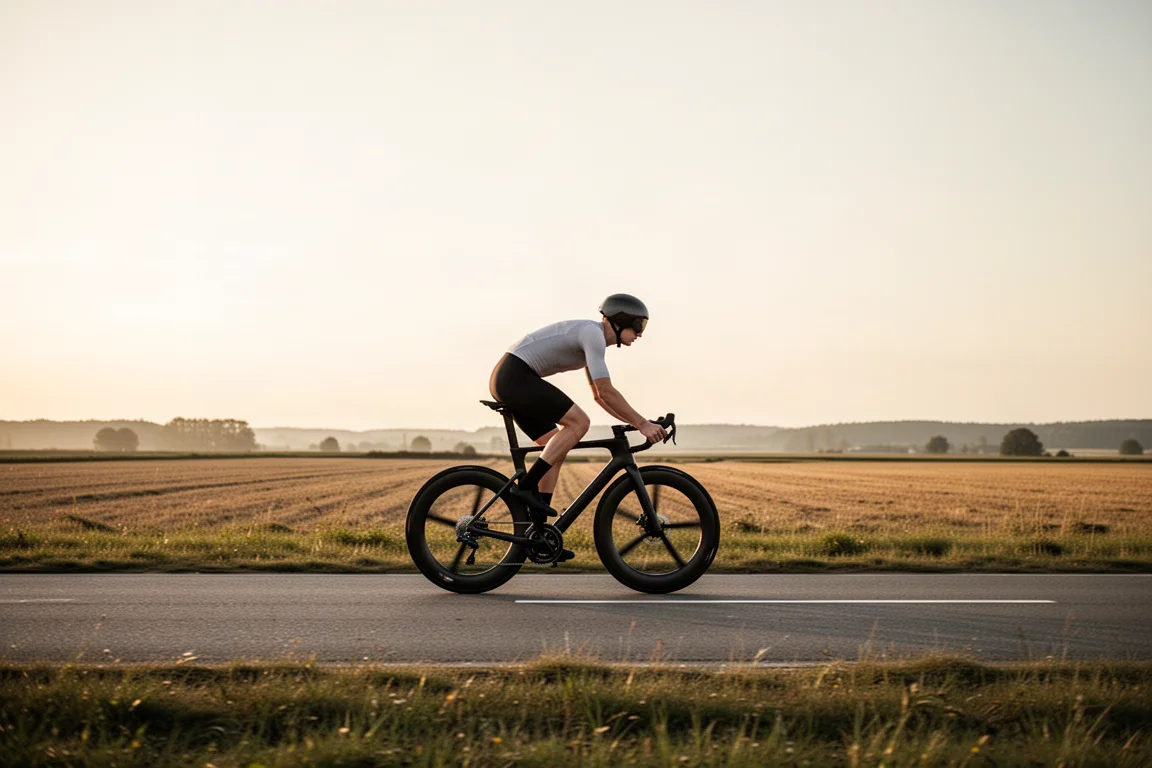 Cyclist riding a race bike along a long flat road through open farmland at golden hour