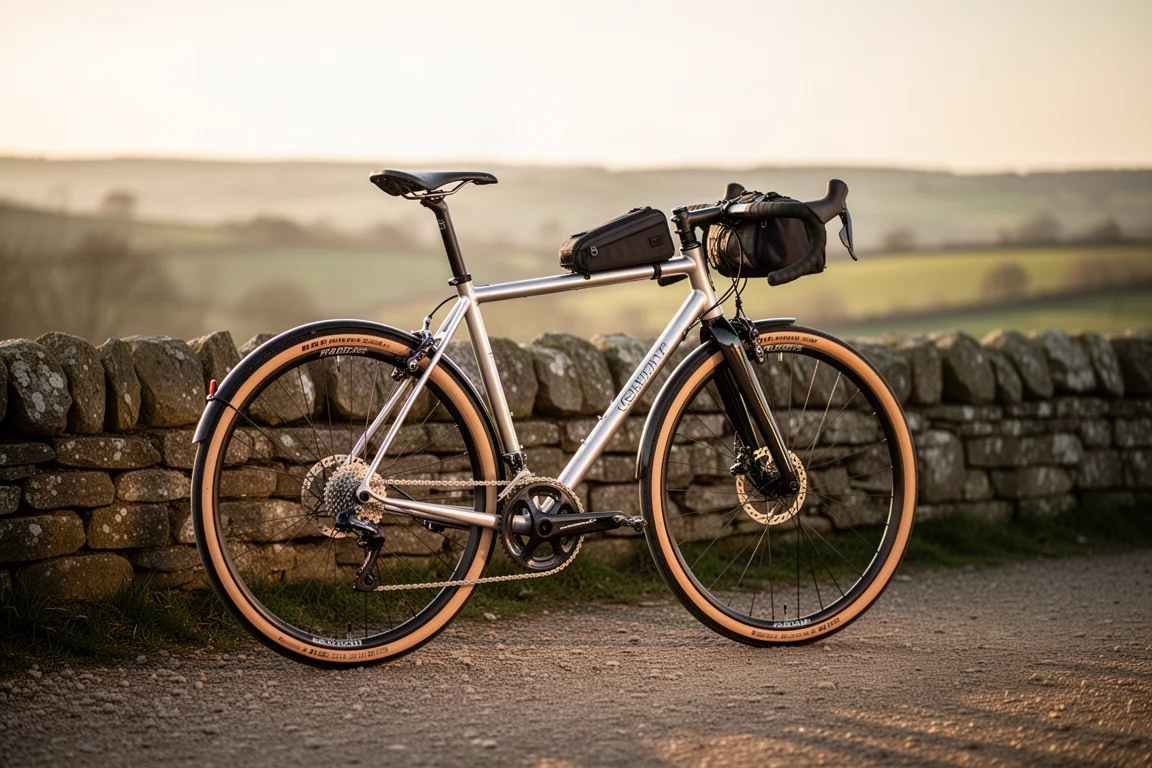 Bicicleta all-road de aluminio con neumáticos de flancos color crema en un camino de grava a la hora dorada