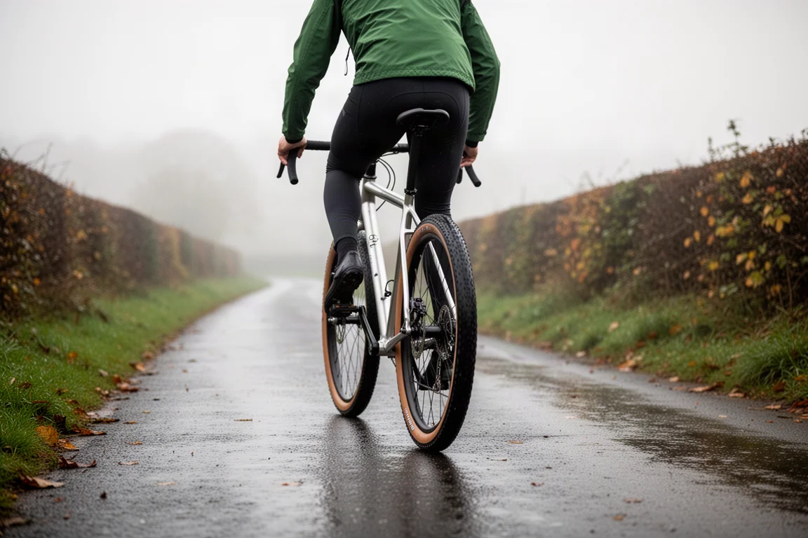 Rowerzysta jadący rowerem all-road po wilgotnej wiejskiej drodze jesienią