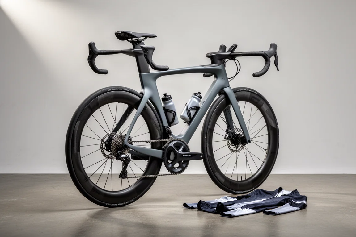 Diepe carbon wielen voor de weg, aeroraceframe en aerofles op beton
